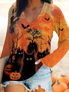 Plus Size Women Halloween Long Sleeve Casual T-Shirt, Plus Size Halloween Pumpkin, Black Cat, Bat Graphic Print Stretchy V-Neck Tee
