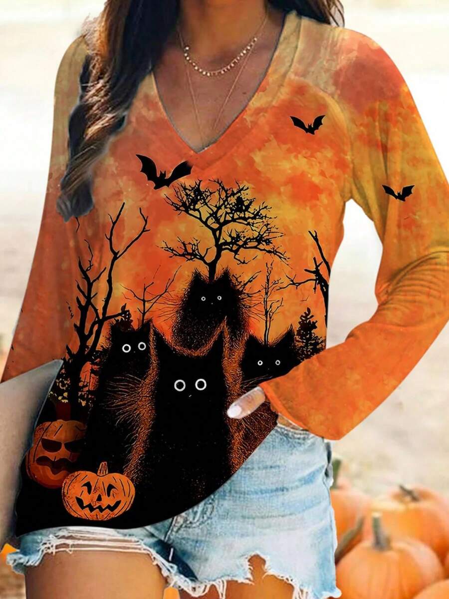 Plus Size Women Halloween Long Sleeve Casual T-Shirt, Plus Size Halloween Pumpkin, Black Cat, Bat Graphic Print Stretchy V-Neck Tee