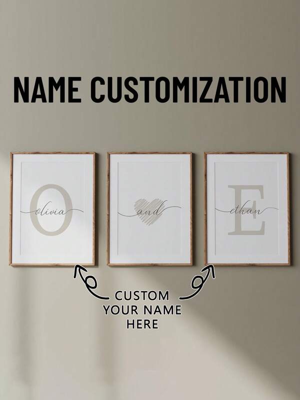 Set da 3 stampe su tela personalizzate per coppie senza cornice, con iniziali, opere d'arte per camera da letto di coppie, stampa per decorazione comodino, stampa con nome personalizzato, regalo per anniversario