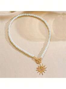 1pc Elegant Sunburst Sun Ray Delicate Pendant Necklace Stainless Steel Pearl Beaded Jewelry For Women Daily Wear (Jewelry Box Not Included)