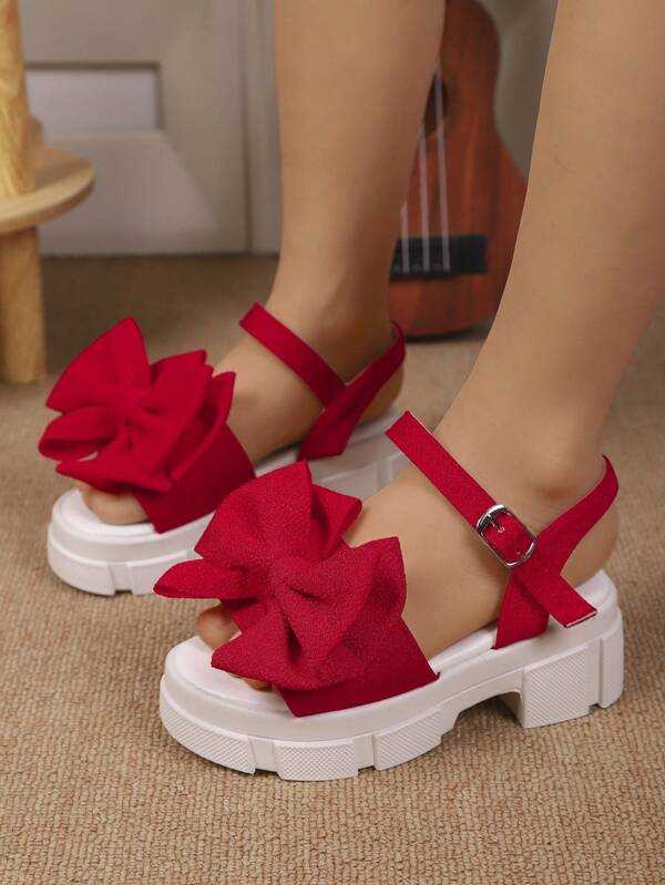 New Summer Fashion Girls High Heel Sandals, Bow Decor Sweet & Cute Thick-Soled Comfortable, Suitable For Outdoor Play & Vacation