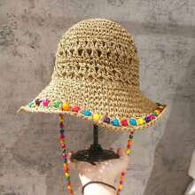 1 件波西米亚风彩色珠子渔夫帽女士遮阳帽宽边草编沙滩帽可打包马尾夏季旅行帽女士帽子 UV，女士沙滩帽，女士宽边太阳草编帽，女士防紫外线太阳帽，软边可折叠夏季帽子，女士太阳草编宽边 UPF 50 夏季帽子可折叠卷起软边沙滩帽女士