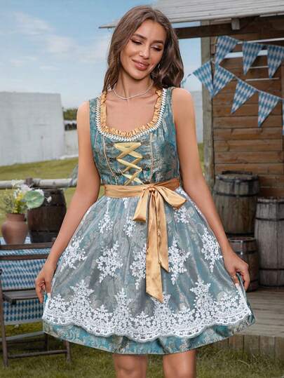 万圣节狂欢节提花蕾丝刺绣拼布吊带裙和围裙套装，适合啤酒节、女仆装和COS