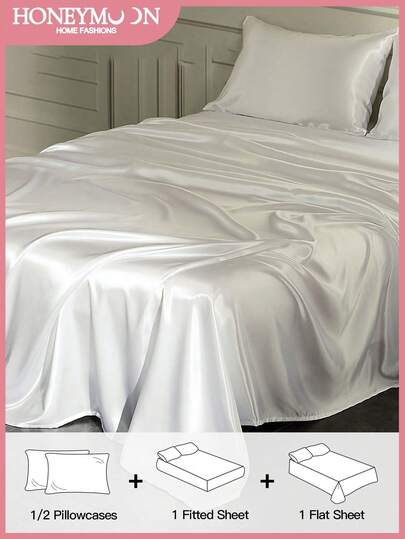3/4pcs Bedding Set: 1pc Satin Fitted Sheet + 1pc Satin Flat Sheet + 1/2pcs Satin Pillowcase, Soft & Breathable, Wrinkle-Resistant, Improve Sleep Quality, Luxury Hotel Style, Ideal Gift For Parents & Friends, 14-Inch/35cm Deep Pocket, Machine Washable, Fits All Bed Sizes - Twin, Full, Queen, King