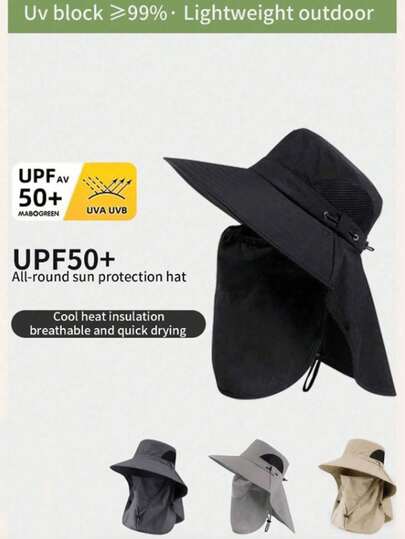 This Brand New Solid Color Wide-Brim Sun Hat Is Adjustable, With A Detachable Face Mask That Effectively Blocks UV Rays. It Is A Summer Outdoor Hiking Hat With Sun Protection, Wind Resistance And Mosquito Repellent Functions, Made Of Polyester Fabric.
