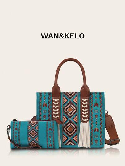 Bộ 2 món Bohemian Retro bao gồm túi tote nữ có tua rua và ví