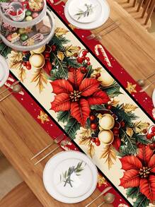 1pc 35*180cm/13.78*70.87inch Christmas Tablecloth, Red Candle, Holly, Golden Christmas Flower & Bell Decor With Golden Edge, Festival Fabric Decoration Suitable For Dining Table, Coffee Table, Hallway, Create Warm Christmas Atmosphere