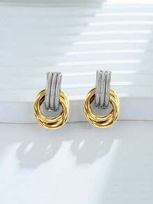 2pcs 18K Gold Plated Stainless Steel Colorblock Knot Design Chunky Jewelry Bohemian Style Hoop Earrings For Women - Two-tone Gold - View 6