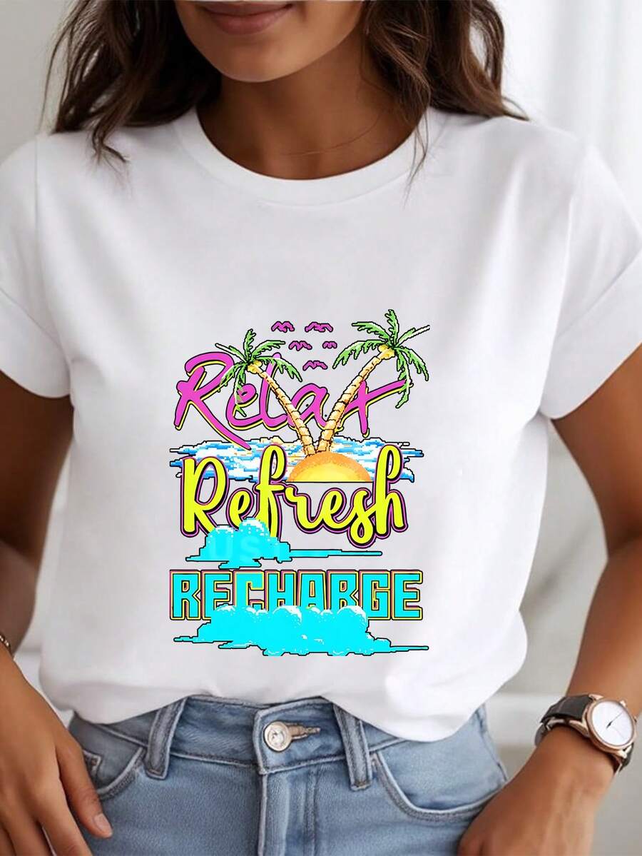 Ladies' T-Shirt, Summer Women's Fun Beach&Seaside Vacation Style Printed T-Shirt, Available In Black/White, Casual Round Neck T-Shirt, Suitable For Summer Vacation Tops.