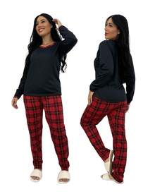 Long Pajamas Plain Shirt Red Plaid Pants - Nhiều màu - Xem 3