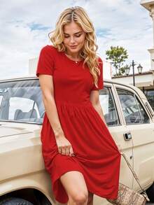 Vestido Corto de Cuello Redondo y Manga Corta en Unicolor Casual para Mujer - Rojo - Ver 2