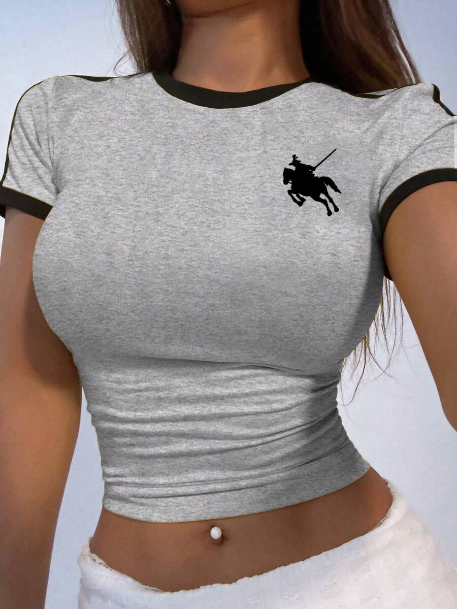 Women's Fitted Round Neck Printed Striped Short Sleeve T-Shirt, Contrast Color Pattern Casual Summer - Gray 17# - View 1