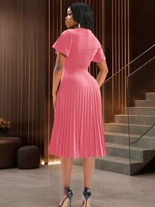Women's Solid Color Simple Ruffle Sleeve Pleated Casual Dress Elegant Summer - Dusty Pink - View 2