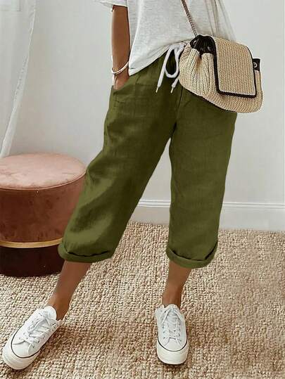 Jisfaneya Plus Size Women's Solid Color Drawstring Elastic Waist Pleated Effect Fabric Military Green Straight Leg Capri Pants, Versatile For Spring/Summer, Suitable For Vacation, Daily Wear And Home