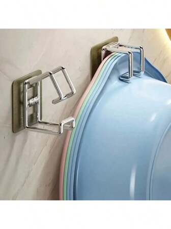 10pcs Stainless Steel Basin Hooks - No Drilling Required, Wall Mounted Bathroom Storage Rack, Stylish Design For Hanging Washbasin, Towel Rack, Practical Hooks