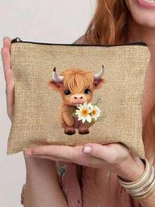 迷人的苏格兰高地牛主题印花亚麻手提包和化妆包，印有捧花小牛图案，零钱包，拉链包，个性礼品包，卡通趣味多功能手提包，黄色亚麻黑色手提包配黑色扣，购物袋 - 彩色 - 查看 3