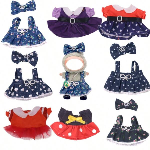 Conjunto de vestido con falda floral y lazo para muñeca de peluche de 17 cm (la muñeca no está incluida)