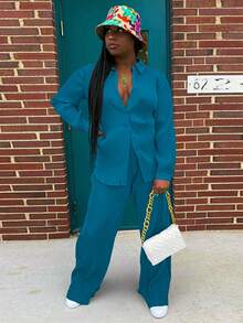 2pcs Women's Casual Printed Pleated Shirt & Wide Leg Pants Set Spring - Cobalt Blue - View 6