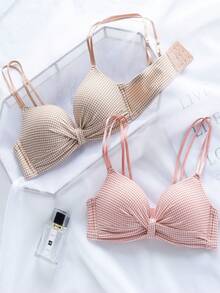 3 Piecesfashionable Multi-Color Pull-Up Underwear, Seamless Teen Bra Without Steel Rings, Sweet Girlish Halter Top Student Classic Checkered Printed Beautiful Back Bra For Girls