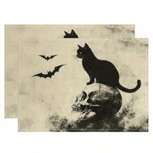 Juego de 1/2/4/6 individuales, estilo de gato negro de Halloween, con patrón de murciélago, tamaño 30x45 centímetros. Los individuales de poliéster de Halloween son adecuados para cocinas/manteles resistentes al calor del hogar, fáciles de limpiar y son accesorios ideales para mesas de cocina del hogar. Son adecuados para reuniones familiares y ocasiones interiores y son la mejor opción para la decoración de Halloween.
