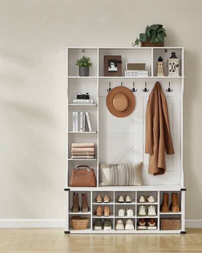 VASAGLE Porte-Manteau avec Banc à Chaussures, Meuble d'Entrée, Étagères Réglables, 20 Compartiments, 6 Crochets, Autoportant, pour Entrée, Couloir, Blanc Nuage