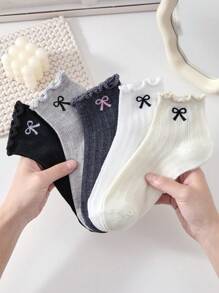 5 Pairs Women Frilly Edge Bow Patterned Ankle Socks - Cute Cartoon Design, Multi-Color Bow Comfortable Soft Casual Sport Travel Versatile Socks, Minimalist Style For Daily Wear