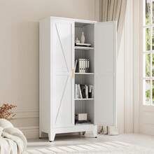 Armario de almacenamiento metálico de estilo rústico con 4 niveles, 2 puertas correderas y 3 estantes ajustables, 155 cm, ideal para la cocina, el hogar, la oficina, el garaje o la sala de estar, color blanco. - Blanco - Ver 4