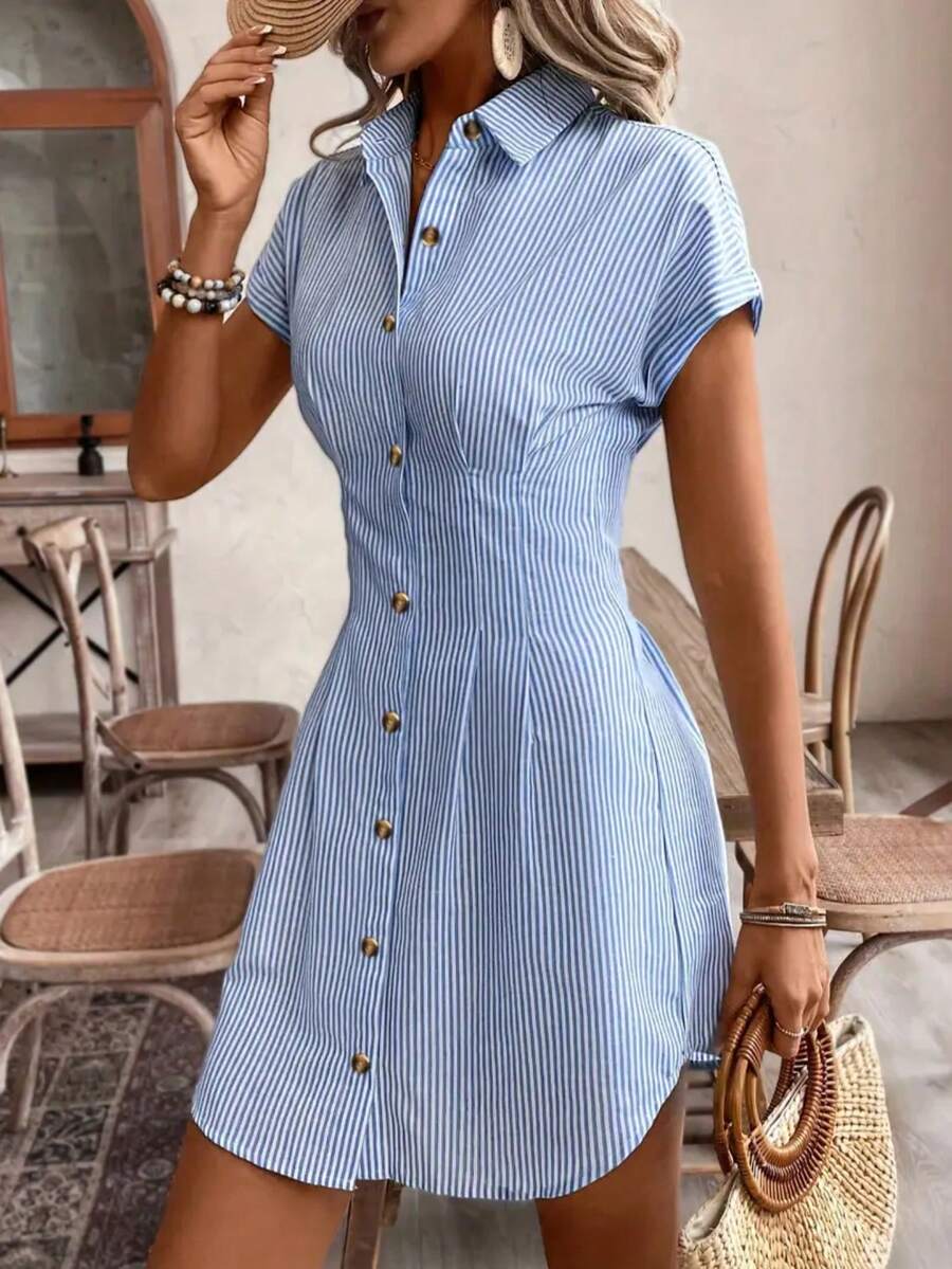 Women Elegant Striped Short Sleeve A-Line Shirt Dress, High Waist Button Casual Office Dress In Light Pink Color, Comfortable Polyester Fabric, French Style, Casual Shirt Dress, High Waist, Office Dress, Elegant Style, All-Season Solid Color Striped Casual Button Fabric Pleated Decor