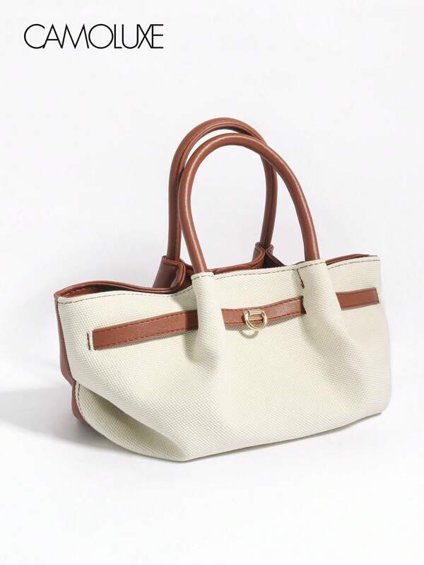 Handmade Fashion White & Brown Minimalist Style Tote Bag, Suitable For Business, Casual, Shopping, School, With Strap Decor, Metal Accessories, Shoulder Strap, Crossbody, Versatile Vintage Charm, Elegant Personalized, Suitable For Any Occasion, Showcase Unique Fashion Taste
