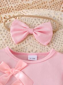 3pcs/Set Baby Girl Fashion Minimalist 3D Bow Decor Pink Ribbed Cap Sleeve T-Shirt, Bow Decor Elastic Waist Denim Skirt, Bow Headband Set