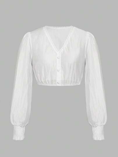 ii Women's White Dirndl Blouse Long Sleeve V-Neck Button Placket Costume Blouse For Oktoberfest And Carnival, Halloween