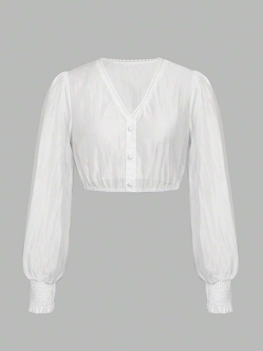 ii Women's White Dirndl Blouse Long Sleeve V-Neck Button Placket Costume Blouse For Oktoberfest And Carnival, Halloween - White - View 1