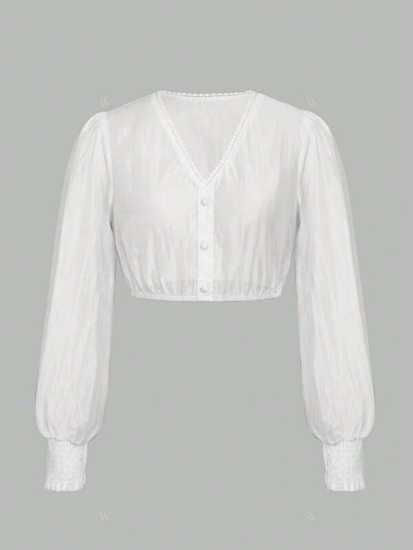 ii Women's White Dirndl Blouse Long Sleeve V-Neck Button Placket Costume Blouse For Oktoberfest And Carnival