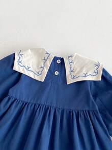 1pc Young Girls Embroidered Floral Ruffled Hem Long Sleeve Dress, Casual Fashion & Comfortable, Autumn - Blue - View 5