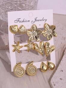1/6 对时尚金贝壳、海星、五瓣花、心形、水滴形耳环套装，适合女性日常佩戴 - 金色 - 查看 8