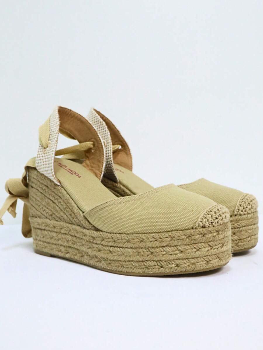 Platform Sandals With Long Laces And Closed Toe - Khaki - View 1