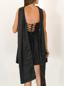 Women Y2K Pleated Strapless Mini Dress Silk Satin Ruffle Short Dress Scarf A Line Tube Dresses Beach Clubwear - màu đen - Xem 2