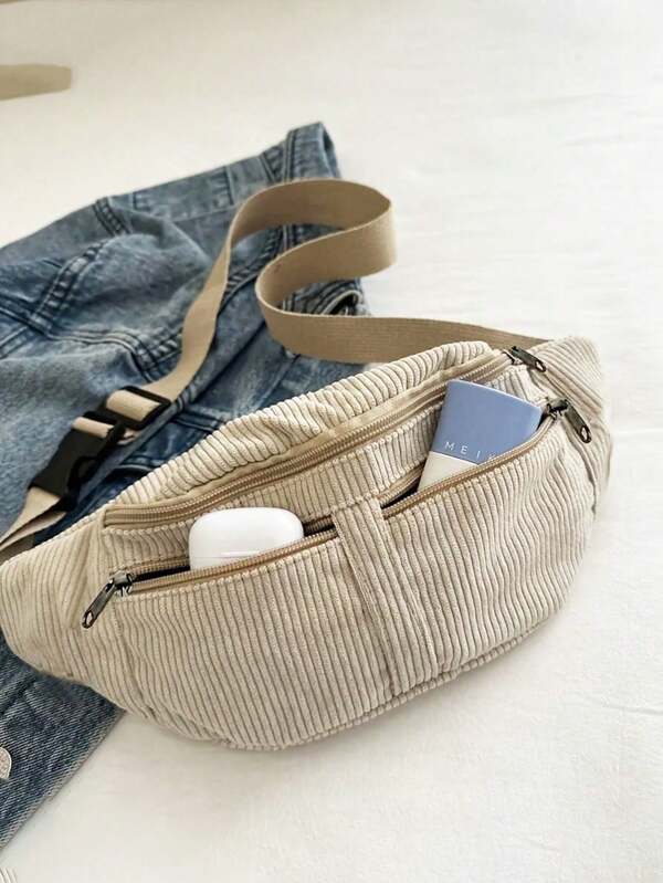 Nouveau sac banane à la mode de style coréen rétro en velours côtelé, sac de poitrine simple, sac à bandoulière et sac à main de couleur unie grande capacité