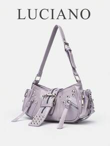 New Fashion Summer Purple & Light Purple Multi-Zipper Metal Buckle Crescent Underarm Bag, Detachable Shoulder Strap Crossbody Bag, Punk Chic Y2K Commute Party Street Vintage Aesthetic Medium Size - Purple - View 2