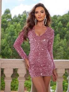 Joyfunear Vestido mini ajustado con lentejuelas sexy y de moda para mujer - Rosa - Ver 2