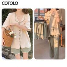COTOLO Conjunto de Pijamas de Mujer 3 Piezas para Primavera Verano y Otoño con Estilo Dulce de Dibujos Animados Blusa de Manga Corta con Short y Pantalón Largo,pijamas de mujer,pijama,pans de mujer,pijamas - Flor verde - Ver 3