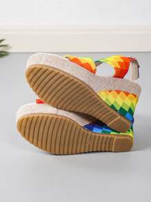 Women's Rainbow Print Bohemian Wedge Thick Bottom Sandals, Open Toe Beach Shoes, Platform Anti-Skid Outdoor Casual Slippers, Fashion Summer Adjustable Buckle Chunky Heels Slide Shoes, Multi-Color Floral Clubwear