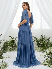 Faeriesty Dressalisa Elegant Maternity Deep V-Neck Butterfly Sleeves Chiffon Oversized Tulle Skirt Dress For Summer Spring Occasions (Wedding Guest, Formal Dinner, Garden Party, Maternity Photoshoot, Evening Event)