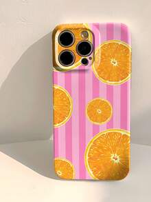 1 pièce Étui de téléphone rigide en fibre de bois perforé, motif de tranche d'orange rayée, style minimaliste et frais pour l'été. Compatible avec 11/12/13/14/15/16 Pro Max. Étanche, antichoc, résistant aux rayures. - Multicolore - Voir 1