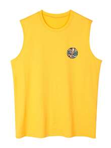 Men's Skull & Slogan Print Sleeveless Vest, Suitable For Fitness, Running, Training, Summer Sports Casual Wear, Opaque Fabric - Yellow - View 3