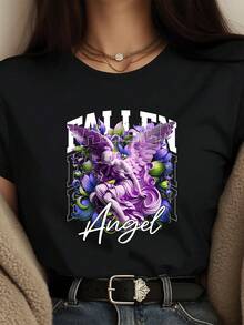 Ladies' T-Shirt, Summer Women's Personalized Angel Print T-Shirt, Available In Black/White, Casual Round Neck T-Shirt, Suitable For Summer Vacation Tops.