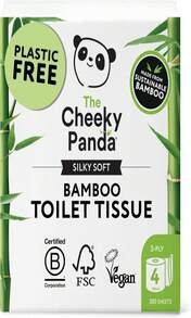 The Cheeky Panda Bamboo Toilet Paper | 4 Rolls With 200 Soft Sheets Each | Strong 3 -Ply Bamboo Tissue Paper | Plastic Free Packaging - 4 Count (Pack of 1) - 查看 1