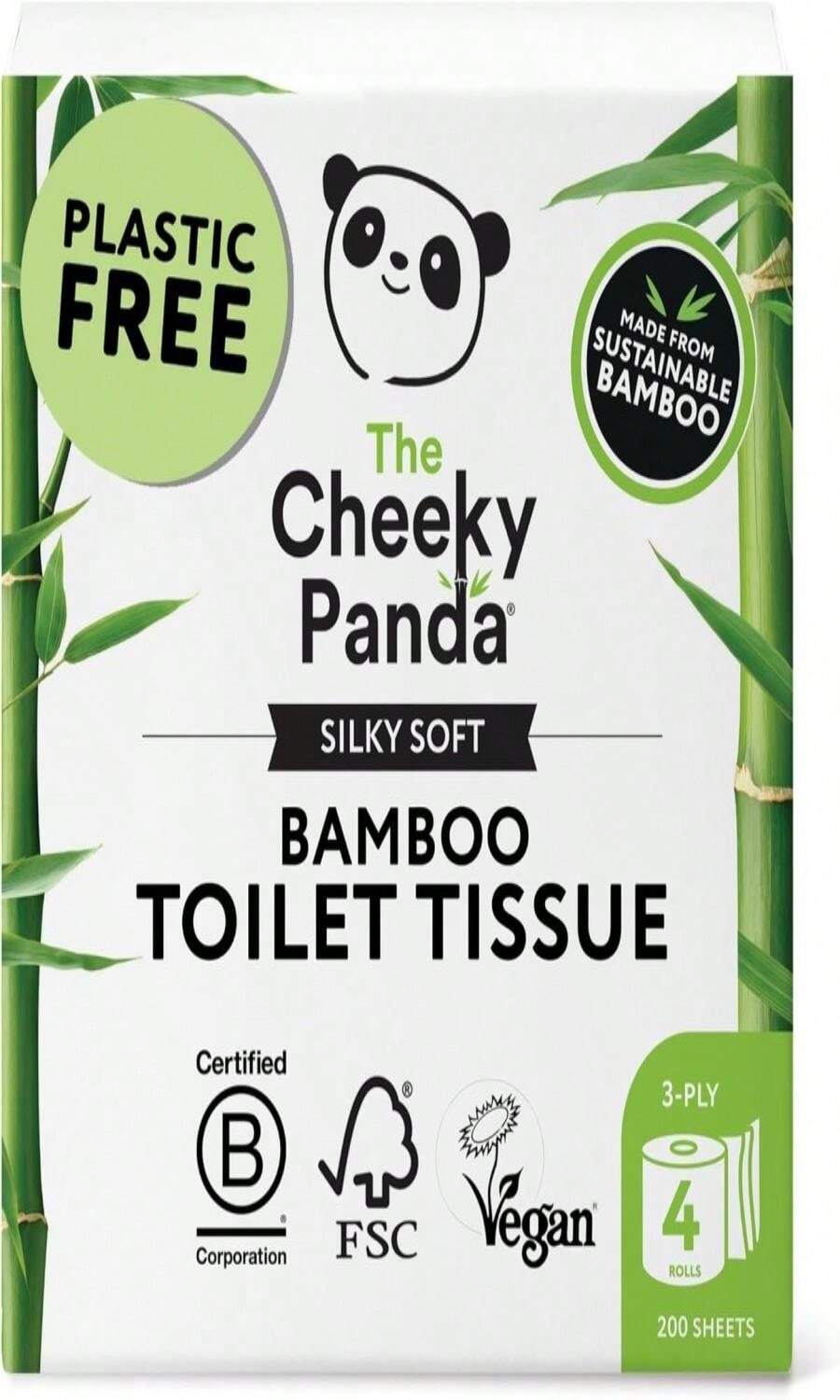 The Cheeky Panda Bamboo Toilet Paper | 4 Rolls With 200 Soft Sheets Each | Strong 3 -Ply Bamboo Tissue Paper | Plastic Free Packaging - 4 Count (Pack of 1) - 查看 1