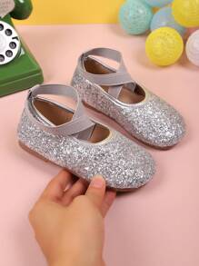 1 par de bailarinas planas de lona para niños con diseño brillante cruzado, zapatos casuales de moda tipo princesa de slip-on para primavera/otoño