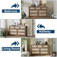 Broadfashion 7 Drawer Dresser For Bedroom, Rattan Chest Of Dressers, Modern Wooden Dresser Chest With Golden Handles, Farmhouse Tv Stand For Closet, Living Room And Entryway - 深木色 - 查看 7